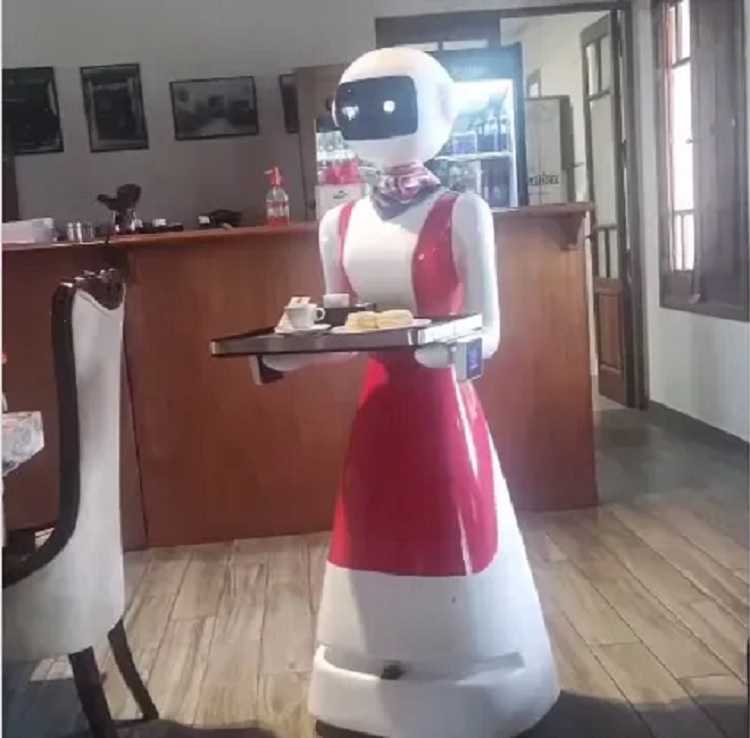 La moza robot, “Marta”, mide 1.60 metros y se desplaza con una bandeja.